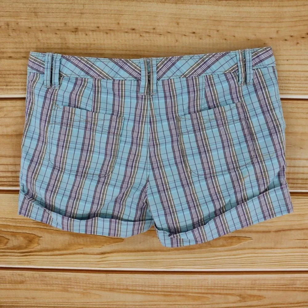 Mossimo Cuffed Chino Shorts Juniors Sz 3 Blue Plaid 100% Cotton Pockets Mid Rise